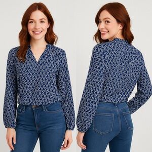 ✨ SHEIN Navy & White Geometric Print Blouse – Size Small ✨